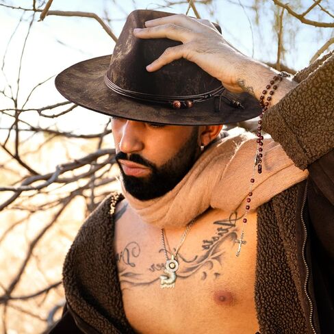 RUEDIGER Wide Brim Fedora Hats for Men Women 100% Wool Felt Panama Rancher Hat with Lightning Logo Distressed/Burned Handmade in Kuwait