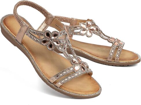 Womens Sandals Shoes Comfort Non Slip Walking Casual Summer Beach Shoes Dress Ankle Elastic Flower Jeweled Bohemian Flats in Saudi Arabia