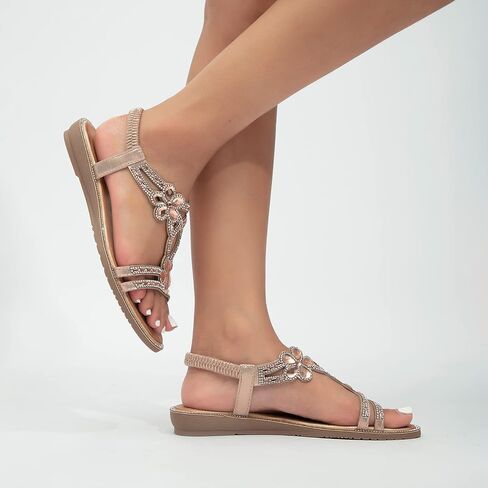 Womens Sandals Shoes Comfort Non Slip Walking Casual Summer Beach Shoes Dress Ankle Elastic Flower Jeweled Bohemian Flats in Saudi Arabia