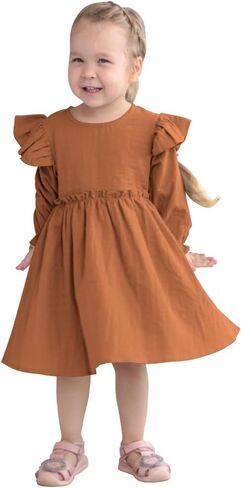 AGQT Toddler Girl Cotton Linen Dress Ruffle Fall Kids Casual Dresses Size 1-6T in Saudi Arabia