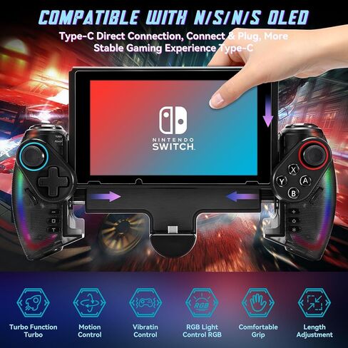 وحدة تحكم Grathia اللاسلكية لجهاز Nintendo Switch/OLED، وحدة تحكم Joypad قطعة واحدة RGB مع توربو قابل للتعديل ووضع اهتزاز مزدوج المحرك، تصميم مريح in Kuwait