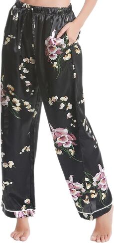 Lavenderi Women's Silk Satin Pajama Pants, Long Sleep Pants with Drawstring in Kuwait