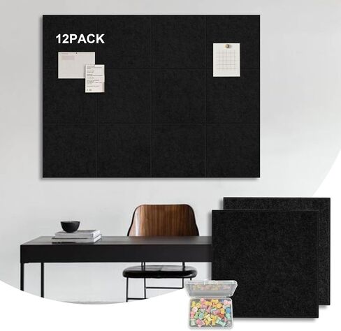 Large Cork Bulletin Board Alternative, 47"x35", Pack of 12 Felt Wall Tiles with 30 Push Pins, Noise Reduction&Wall Protectors, Wall Panels for Home Office Wall Decor - Black in Saudi Arabia