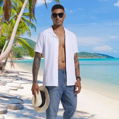 Men's Casual Button Down Shirts Short Sleeve Summer Cuban Vacation Beach Shirts in Saudi Arabia