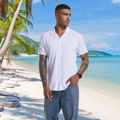 Men's Casual Button Down Shirts Short Sleeve Summer Cuban Vacation Beach Shirts in Saudi Arabia