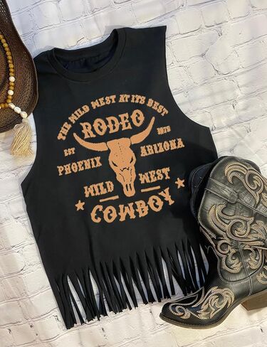 DOLITEAN The Wild West at Its Best Tanks Top Women Western Rodeo fringe Vests Tee Vintage Cowboy Sleeveless Shirts Top in Saudi Arabia