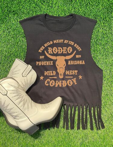 DOLITEAN The Wild West at Its Best Tanks Top Women Western Rodeo fringe Vests Tee Vintage Cowboy Sleeveless Shirts Top in Saudi Arabia