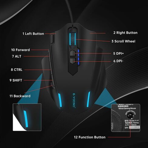 E-YOOSO Large Gaming Mouse, X-41 Wired Mice, 5 Level 12400 DPI, Software Supports DIY, 6 Side Buttons Computer Mouse for PC/Mac and Laptop - Black in Saudi Arabia