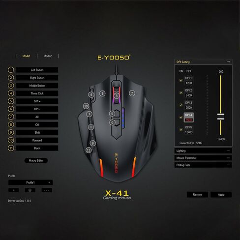 E-YOOSO Large Gaming Mouse, X-41 Wired Mice, 5 Level 12400 DPI, Software Supports DIY, 6 Side Buttons Computer Mouse for PC/Mac and Laptop - Black in Saudi Arabia