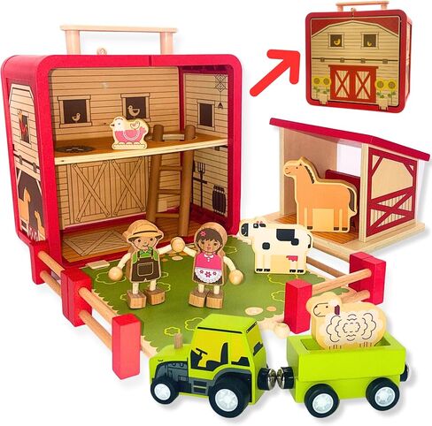 Wooden Toy Farm Playset - Toddler Toys Include Portable Barn Carrying Case, Cute Little People Farmers, Tractor & Farm Animals - A Kids Travel Essential in Saudi Arabia