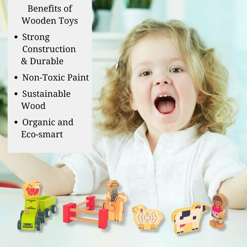 Wooden Toy Farm Playset - Toddler Toys Include Portable Barn Carrying Case, Cute Little People Farmers, Tractor & Farm Animals - A Kids Travel Essential in Saudi Arabia