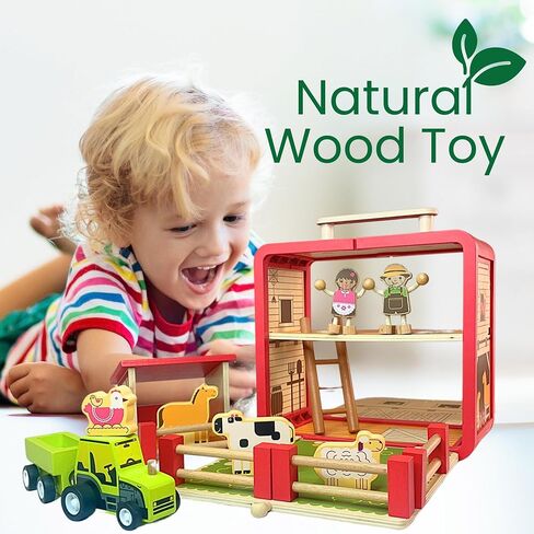 Wooden Toy Farm Playset - Toddler Toys Include Portable Barn Carrying Case, Cute Little People Farmers, Tractor & Farm Animals - A Kids Travel Essential in Saudi Arabia