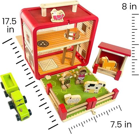 Wooden Toy Farm Playset - Toddler Toys Include Portable Barn Carrying Case, Cute Little People Farmers, Tractor & Farm Animals - A Kids Travel Essential in Saudi Arabia