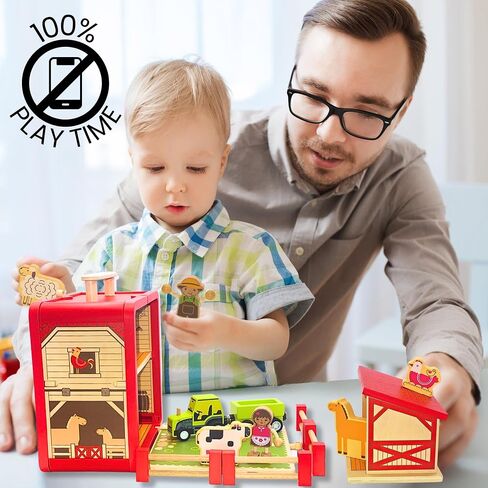 Wooden Toy Farm Playset - Toddler Toys Include Portable Barn Carrying Case, Cute Little People Farmers, Tractor & Farm Animals - A Kids Travel Essential in Saudi Arabia