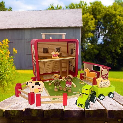 Wooden Toy Farm Playset - Toddler Toys Include Portable Barn Carrying Case, Cute Little People Farmers, Tractor & Farm Animals - A Kids Travel Essential in Saudi Arabia
