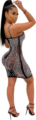 Womens Sexy Sleeveless V Neck Mesh Pearls Rhinestone Bodycon Party Clubwear Dress in Saudi Arabia