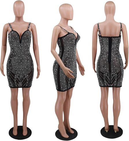 Womens Sexy Sleeveless V Neck Mesh Pearls Rhinestone Bodycon Party Clubwear Dress in Saudi Arabia