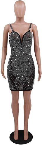 Womens Sexy Sleeveless V Neck Mesh Pearls Rhinestone Bodycon Party Clubwear Dress in Saudi Arabia