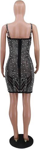 Womens Sexy Sleeveless V Neck Mesh Pearls Rhinestone Bodycon Party Clubwear Dress in Saudi Arabia