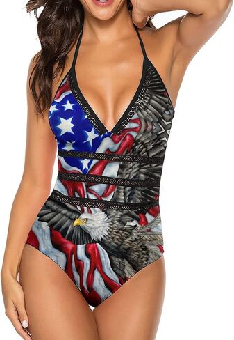 American Flag Women's One Piece Bikini Swimsuit Halter High Waisted Monokini Tummy Control V Bathing Suit in Saudi Arabia