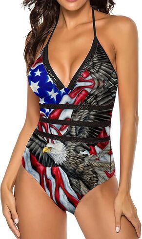 American Flag Women's One Piece Bikini Swimsuit Halter High Waisted Monokini Tummy Control V Bathing Suit in Saudi Arabia