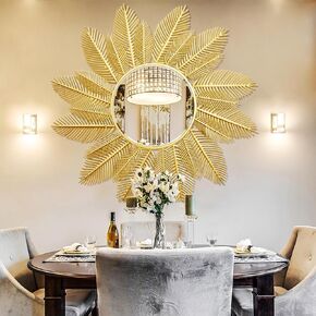 Chende 48" x 48" Extra Large Round Mirror for Decor with Palm Leaf, Gold Wall Mirror for Living Room Decor, Modern Decorative Mirror with Beveled Edge for Entryway, Hallway, Dining Room