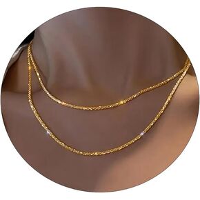 ASCOMY Layered Necklaces for Women, Dainty Gold Necklace 14K Gold Plated Herringbone Necklace for Women Pearl Cross Necklace Paperclip Cuban Figaro Rope Satellite Chain Gold Choker Trendy Jewelry Gift