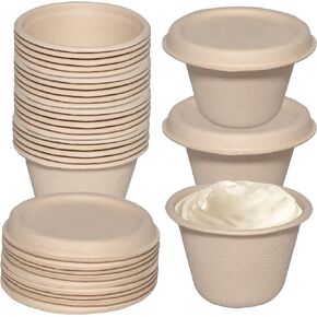 4 Oz Compostable Souffle Portion Cups with Fiber Lids - Condiment Paper Sample Cup with Lid Sugarcane Bagasse, Biodegradable Great For Sauces, Condiments, Slime, Jello Shot, Food Storage (50)