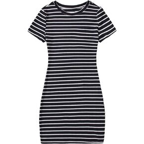 OYOANGLE Girl's Summer T-Shirt Dress Striped Print Short Sleeve Ribbed Knit Casual Dress