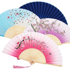 Zonon 4 Pack Handheld Floral Folding Fans Hand Held Fans Silk Bamboo Fans with Tassel Women Hollowed Hand Foldable Fan with Fabric Sleeve for Dancing Wedding Decoration Women Gifts (Vintage Color)