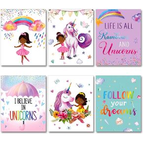 6 Pieces Motivational Black Girl Unicorn Wall Art Unframed Black Girls Unicorn Art Prints African Girl Unicorn Positive Quotes Poster Girls Room Decor for Bedroom Decor Kids Wall Art (Vivid Colors)
