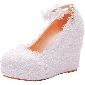 White Lace Wedding Shoes Wedges Heels Platform Wedges Shoes Round Toe Wedges Pumps Bridal Shoes