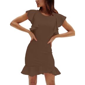 AIMCOO Women's Summer Flutter Sleeves Mini Dress Crewneck Ruffle Hem Casual Mini Dresses Elegant Solid Bodycon Dress