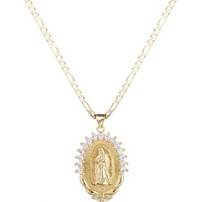 18K Gold Plated Guadalupe Virgin Mary Necklace for Women Men Teens, Oval Zircon Inlay Virgin Mary Pendant with Stainless Steel Figaro Chain Necklace