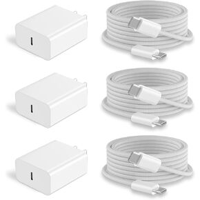 لشاحن iPhone 15 شحن سريع، معتمد من MFi 3 حزم 20 وات USB C شاحن جداري لهاتف iPhone 15/15 Plus/15 Pro/15 Pro Max/iPad Pro/Air/Mini - كابل شحن سريع مجدول USB C بطول 6 أقدام و60 وات
