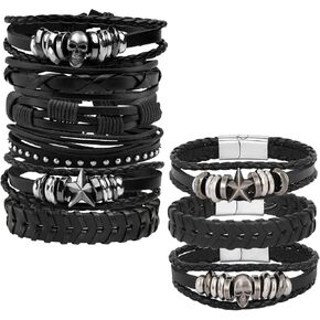 milakoo الشرير مضفر الأساور الجلدية للرجال النساء الفولاذ المقاوم للصدأ المشبك روك راكب الدراجة النارية القوطي المعصم جمجمة الهيكل العظمي نجمة الخماسي المسامير رصع الملحقات التفاف المعصم للجنسين حجم قابل للتعديل in Kuwait