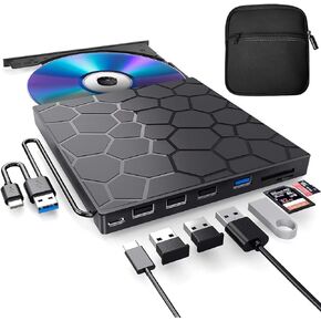 External CD/DVD Drive for Laptop, DVD Player for Laptop with Carrying Case, 8 in 1 USB 3.0 Ultra-Slim Portable, CD Burner External Optical Compatible with Laptop Desktop Mac,Windows 11/10/8/7
