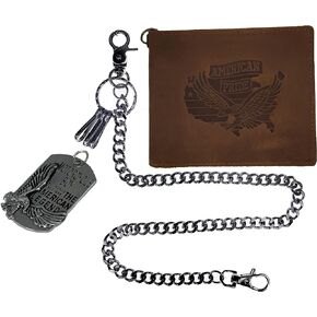 Mens Real Leather Vintage Cool Eagle American Pride Biker Chain Trucker Wallet Brown