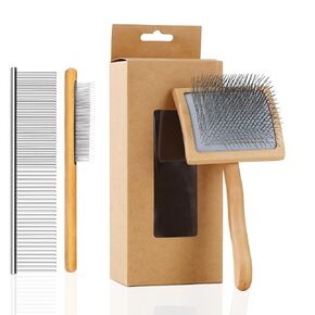 Dog Slicker Brush for Long Haired Dogs Doodle Brush for Dogs Large Dog Slicker Brush for Goldendoodles with Ergonomic Solid Wooden Handle Long Pin Grooming Brush for Dogs, Wood