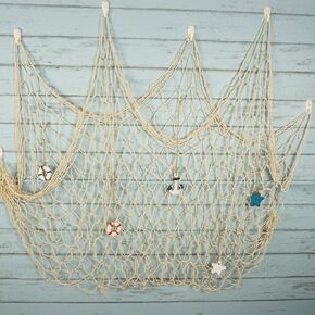 Rustic Nautical Decorative Fishing Net Wall Hangings Decor with Stars, Lifebuoy and Anchor Ornaments, Creamy White