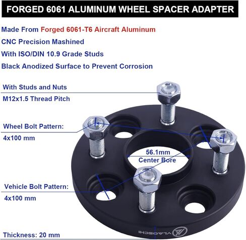 VLAOSCHI Black Forged 4x100 Hubcentric Wheel Spacers 1 Inch with 12x1.5 Studs 56.1mm Hub Bore Compatible with Honda EF EG EK EJ EP 4 Lug for 1979-2005 Civic |1982-1989 Accord |2001-2020 Fit -Pack of 4 in Kuwait