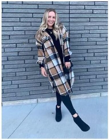 سترة نسائية كاجوال من PUWEI ذات طية صدر السترة وأزرار سفلية طويلة منقوشة ومعطف تارتان in Kuwait