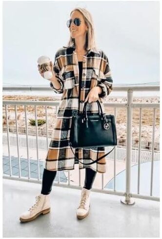 سترة نسائية كاجوال من PUWEI ذات طية صدر السترة وأزرار سفلية طويلة منقوشة ومعطف تارتان in Kuwait