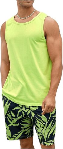 GORGLITTER Men's Two Piece Tropical Print Outfit Sleeveless Vest Top Drawstring Waist Shorts Set in Saudi Arabia
