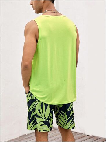 GORGLITTER Men's Two Piece Tropical Print Outfit Sleeveless Vest Top Drawstring Waist Shorts Set in Saudi Arabia