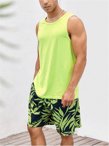 GORGLITTER Men's Two Piece Tropical Print Outfit Sleeveless Vest Top Drawstring Waist Shorts Set in Saudi Arabia