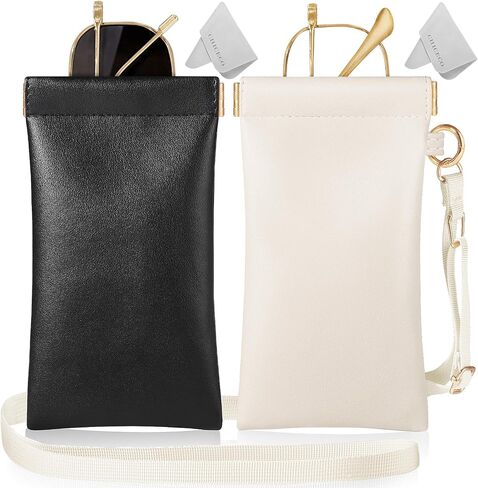 CHICECO Squeeze Top Sunglass Case-Portable Eyeglass Pouch with Adjustable Lanyard Soft Leather Glasses Case 2 Pack(1*Lanyard) in Saudi Arabia
