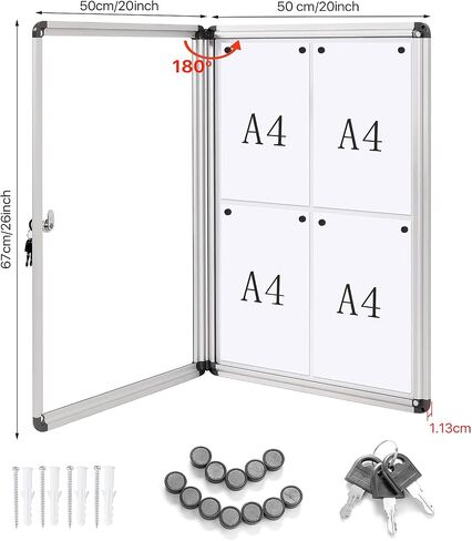 Swansea Enclosed Bulletin Board Magnetic Dry Erase Noticeboard Lockable Display Boards White with Aluminium Frame 26x20inch(4xA4) in Saudi Arabia