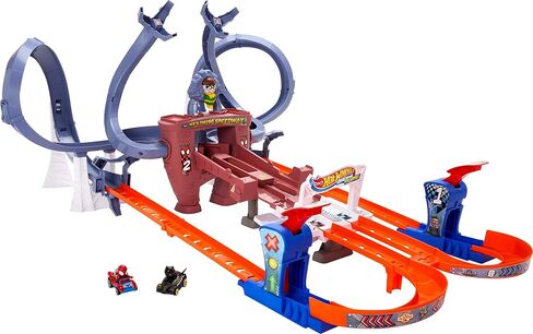 Hot Wheels Toy Car Track Set, RacerVerse Spider-Man’s Web-Slinging Speedway, Competitive Race with 2 Die-Cast Vehicles: Spider-Man & Black Panther in Saudi Arabia