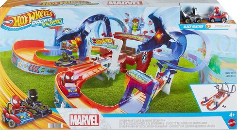 Hot Wheels Toy Car Track Set, RacerVerse Spider-Man’s Web-Slinging Speedway, Competitive Race with 2 Die-Cast Vehicles: Spider-Man & Black Panther in Saudi Arabia